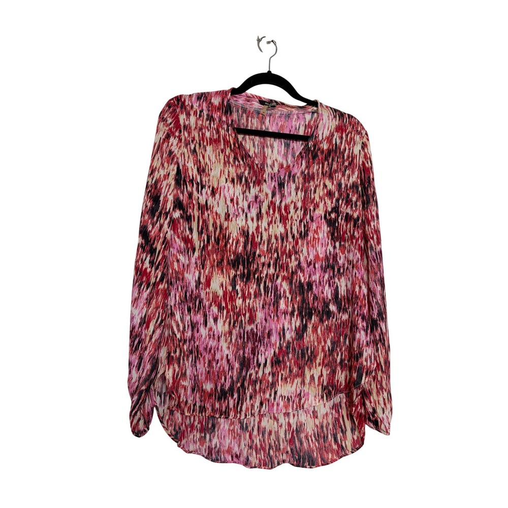 Milan London Pink Abstract Print V-Neck High Low Blouse Medium Long Sleeve‎